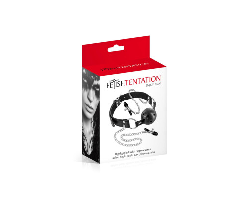 Повітропроникний кляп з зажимами для сосків Fetish Tentation Rigid Gag Ball with Nipple Clamps