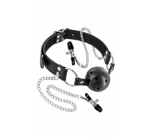 Повітропроникний кляп з зажимами для сосків Fetish Tentation Rigid Gag Ball with Nipple Clamps