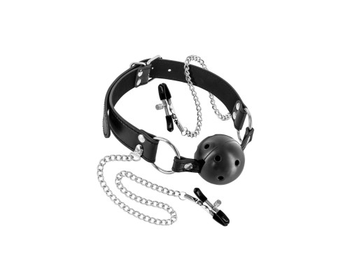 Повітропроникний кляп з зажимами для сосків Fetish Tentation Rigid Gag Ball with Nipple Clamps