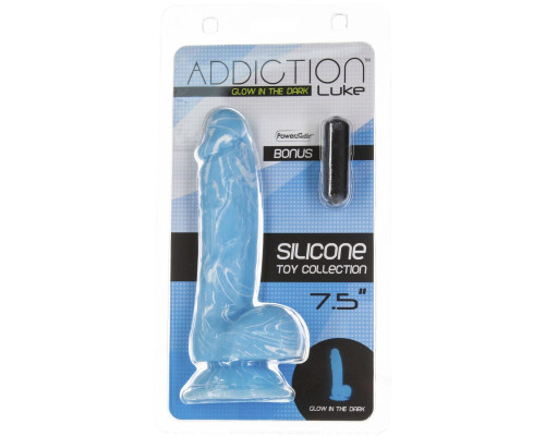 Фаллоімітатор, що світиться в темряві ADDICTION - LUKE - 7.5" - BLUE G.I.D. /W PB, 19 см, силікон