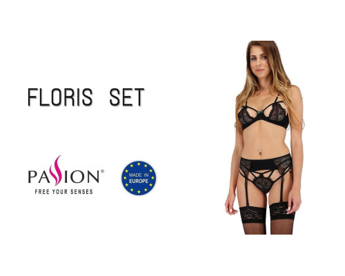 Комплект білизни FLORIS SET black L/XL - Passion Exclusive: ліф, трусики, пояс для панчох
