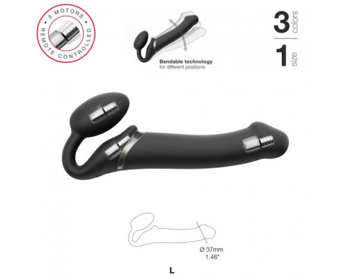 Безремневой страпон с вибрацией Strap-On-Me Vibrating Black L, диаметр 3,7см, пульт ДУ, регулируемый