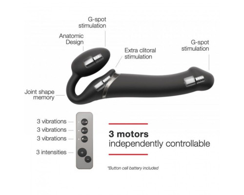 Безремневой страпон с вибрацией Strap-On-Me Vibrating Black L, диаметр 3,7см, пульт ДУ, регулируемый