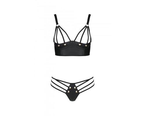 Комплект з екошкіри з люверсами та ремінцями Malwia Bikini black S/M — Passion, бра та трусики