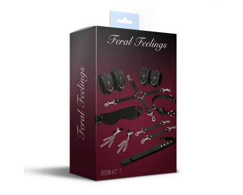 Набор Feral Feelings BDSM Kit 7 Black, наручники, поножи, коннектор, маска, паддл, кляп, зажимы