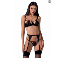 Комплект білизни PERDITA SET black L/XL - Passion Exclusive: стрепи: ліф, стрінги і пояс для панчох