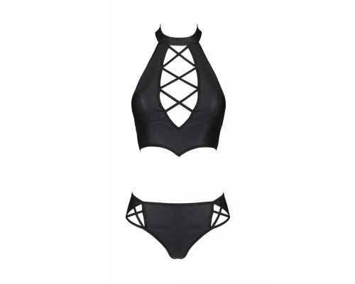 Комплект з еко-шкіри Nancy Bikini black 4XL/5XL - Passion, бра та трусики з імітацією шнурівки