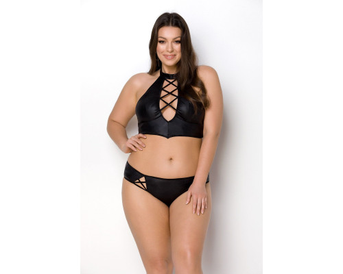 Комплект з еко-шкіри Nancy Bikini black 4XL/5XL - Passion, бра та трусики з імітацією шнурівки