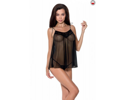 Сорочка прозора бебі дол MELANIA CHEMISE black S/M - Passion, трусики, на тонких бретелях