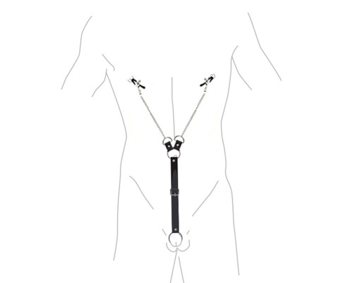 Зажимы для сосков с фиксацией на мошонке Nipple Clamps for Men, Эко кожа