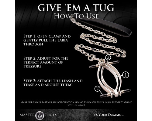 Затискач для статевих губ з повідцем Master Series Pussy Tugger Adjustable Vagina Clamp with Chain