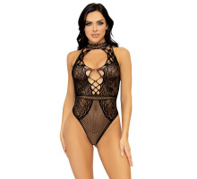 Leg Avenue Net and lace halter bodysuit OS Black