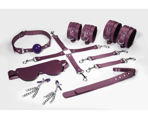 Набор Feral Feelings BDSM Kit 7 Burgundy, наручники, поножи, коннектор, маска, паддл, кляп, зажимы