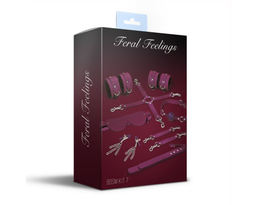 Набор Feral Feelings BDSM Kit 7 Burgundy, наручники, поножи, коннектор, маска, паддл, кляп, зажимы