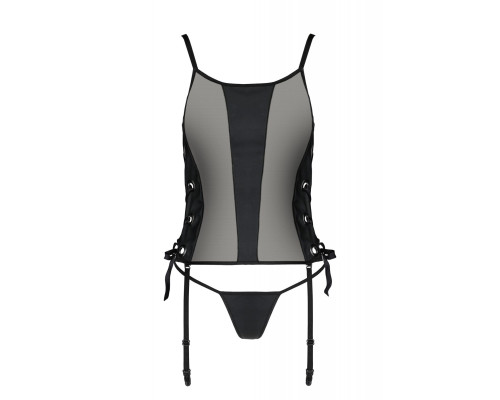Сітчастий корсет з екошкіри, з люверсами та знімними пажами Malwia Corset black 6XL/7XL — Passion