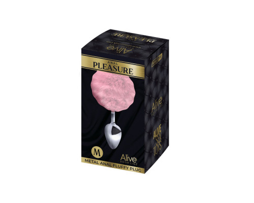 Металева анальна пробка Кролячий хвостик Alive Fluffy Plug M Pink, діаметр 3,4 см