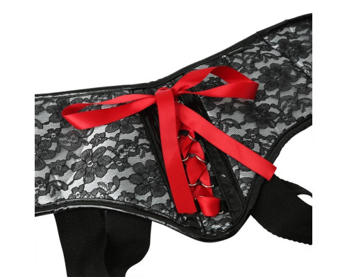 Трусы для страпона Sportsheets - SizePlus Grey&Black Lace Corsette, широкий пояс, бант, кружево