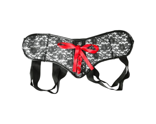 Трусы для страпона Sportsheets - SizePlus Grey&Black Lace Corsette, широкий пояс, бант, кружево