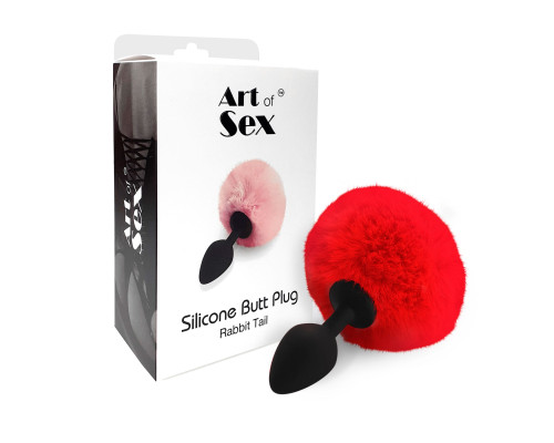 Силіконова анальна пробка М Art of Sex - Silicone Butt plug Rabbit Tail, Червоний