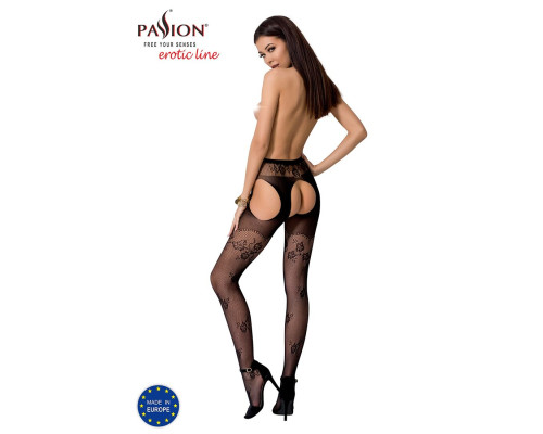 Еротичні колготки-бодістокінг Passion S022 black, імітація квіткових панчох та пояса для панчох