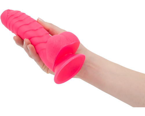 Ребристий фалоімітатор на присосці ADDICTION – Tom 7″ Dildo With Balls – Pink, віброкуля у подарунок