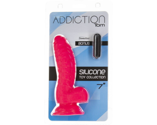 Ребристий фалоімітатор на присосці ADDICTION – Tom 7″ Dildo With Balls – Pink, віброкуля у подарунок