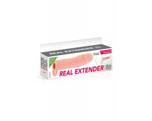 Насадка на член Real Body — Real Extender HUGY з відкритою головкою та кільцем для мошонки