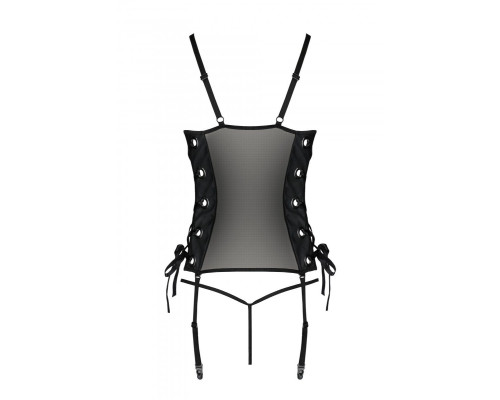 Сітчастий корсет з екошкіри, з люверсами та знімними пажами Malwia Corset black L/XL — Passion, стрі