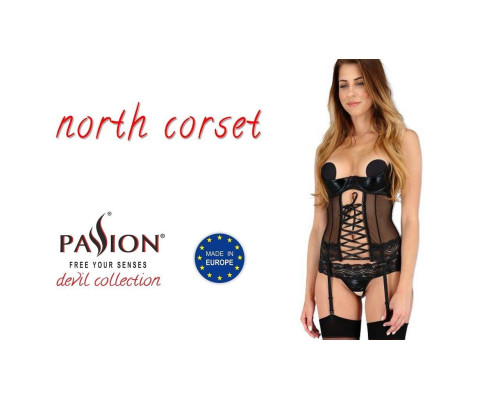 Корсет з відкритими грудьми NORTH CORSET black S/M - Passion Exclusive, пажі, трусики, шнурівка