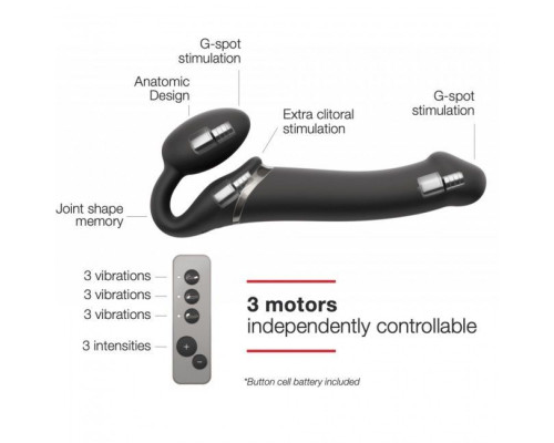 Безремневой страпон с вибрацией Strap-On-Me Vibrating Black M, диаметр 3,3см, пульт ДУ, регулируемый
