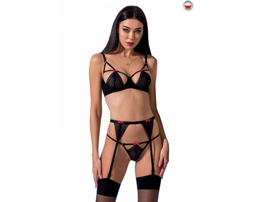 Комплект білизни PERDITA SET black XXL/XXXL - Passion Exclusive: стрепи: ліф, стрінги і пояс для пан