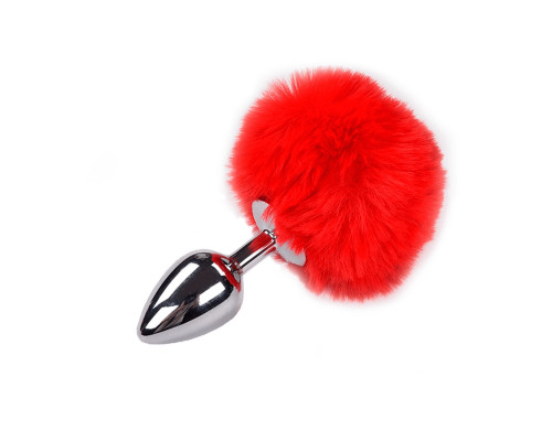 Металева анальна пробка Кролячий хвостик Alive Fluffy Plug M Red, діаметр 3,4 см