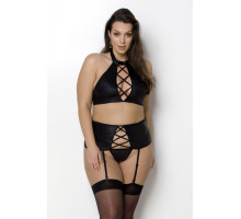 Комплект з імітацією шнурівки Nancy Set black 4XL/5XL - Passion топ, трусики та пояс для панчіх