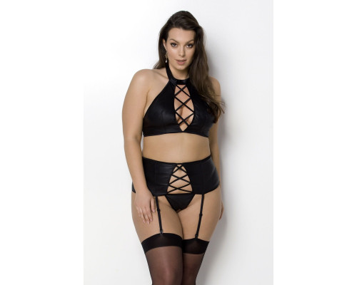 Комплект з імітацією шнурівки Nancy Set black 4XL/5XL - Passion топ, трусики та пояс для панчіх