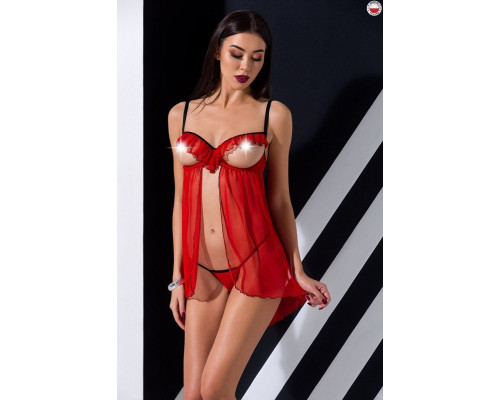 Прозорий пеньюар з відкритими грудьми CHERRY CHEMISE red L/XL - Passion Exclusive, трусики