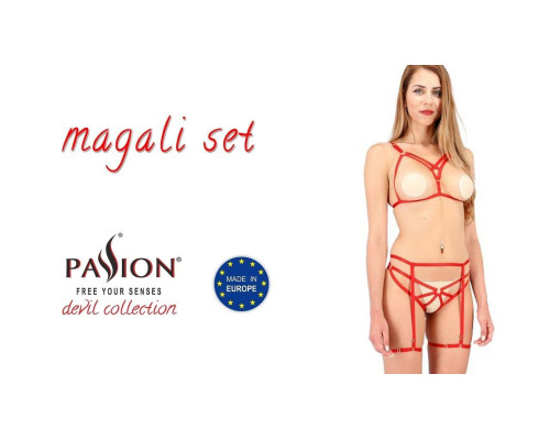 Комплект білизни MAGALI SET OpenBra red L/XL - Passion Exclusive: стрепи: ліф, трусики і пояс
