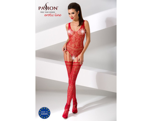 Бодістокінг Passion BS051 red, комбінезон, імітація панчох і боді