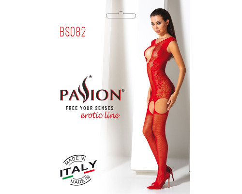 Ажурный бодистокинг с чулками Passion BS082 red