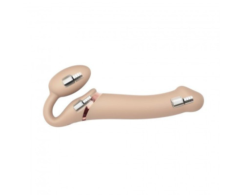 Безремневой страпон с вибрацией Strap-On-Me Vibrating Flesh M, диаметр 3,3см, пульт ДУ, регулируемый