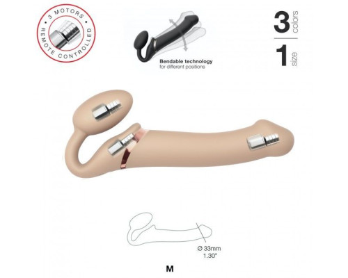 Безремневой страпон с вибрацией Strap-On-Me Vibrating Flesh M, диаметр 3,3см, пульт ДУ, регулируемый