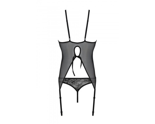 Корсет із пажами, трусики з ажурним декором та відкритим кроком Ursula Corset black L/XL — Passion