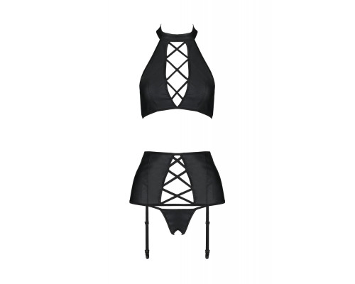 Комплект з імітацією шнурівки Nancy Set black 6XL/7XL - Passion топ, трусики та пояс для панчіх