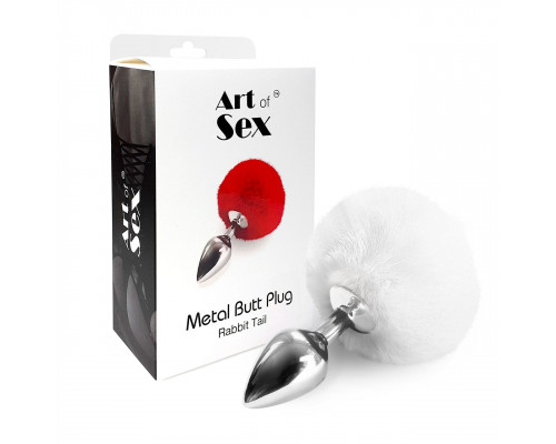 Металевий анальний затор М Art of Sex - Metal Butt plug Rabbit Tail, Білий