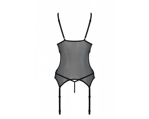 Корсет із підв’язками та ажурним ліфом Christa Corset black L/XL — Passion, стрінги в комплекті