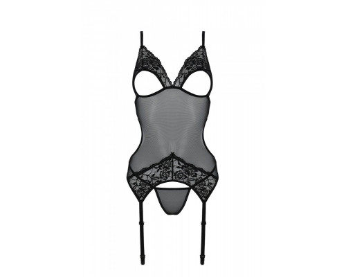 Корсет із підв’язками та ажурним ліфом Christa Corset black L/XL — Passion, стрінги в комплекті