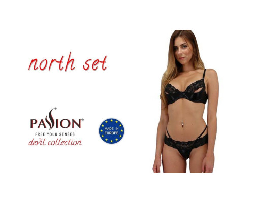 Комплект білизни NORTH SET black L/XL - Passion Exclusive: ліф і трусики з елементами під латекс