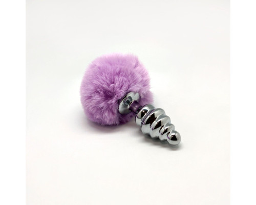 Металева анальна пробка Кролячий хвостик Alive Fluffy Twist Plug M Purple, діаметр 3,4 см