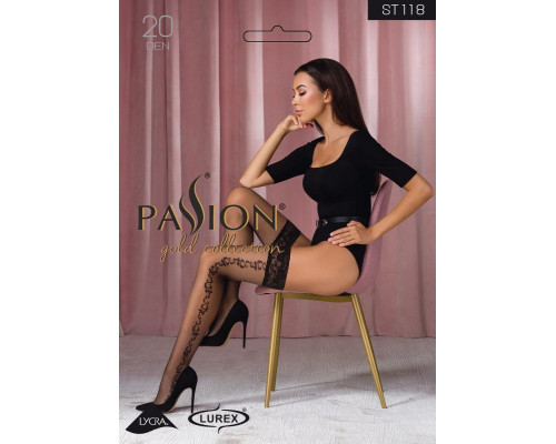 Панчохи Passion ST118 3/4 чорні, на ажурній силіконовій резинці, з бічним вертикальним малюнком