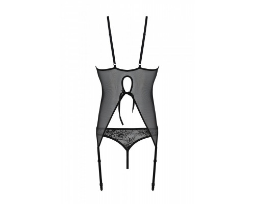 Корсет із пажами, трусики з ажурним декором та відкритим кроком Ursula Corset black S/M — Passion
