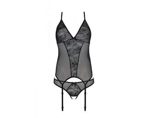 Корсет із пажами, трусики з ажурним декором та відкритим кроком Ursula Corset black S/M — Passion
